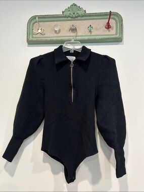 dh NEW YORK Black Zip-Front Puff Sleeve Knit Bodysuit